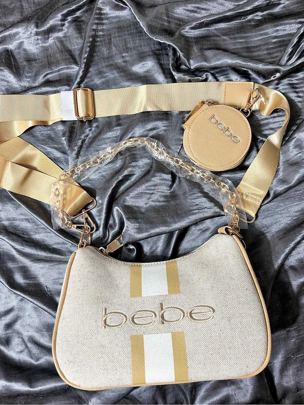 bebe Crossbody Bag in Beige & Gold Like New